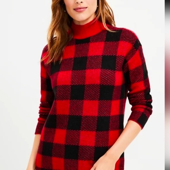 Loft Mock Neck Sweater Red and Black Buffalo Plaid Size Extra Small petite NEW - Picture 1 of 5